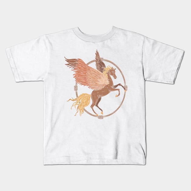 Flying pegasus in a wooden frame Kids T-Shirt by PinataFoundry